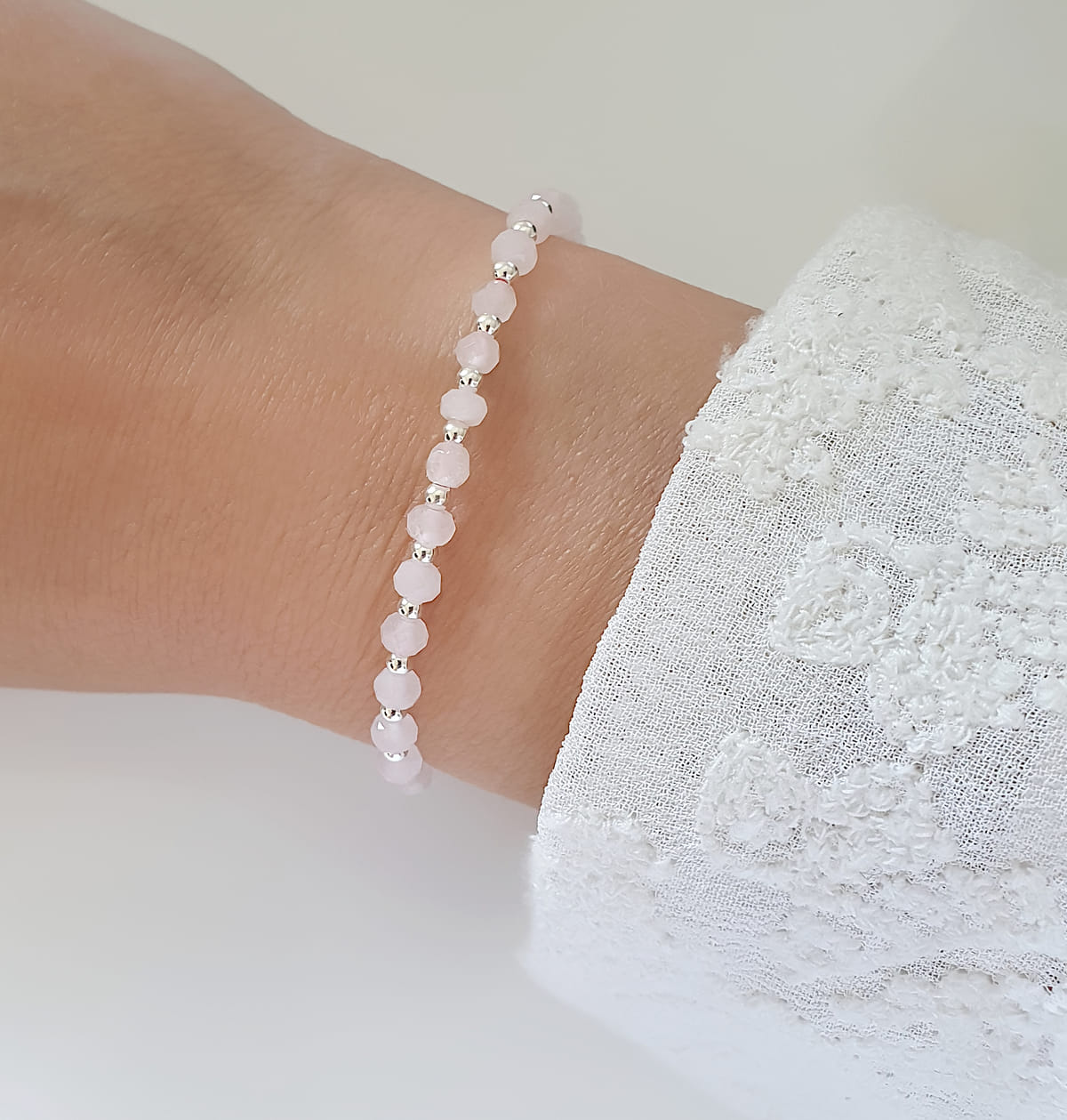 Rosenquarz 925 Silber Armband handgemachtes Makramee Bändchen