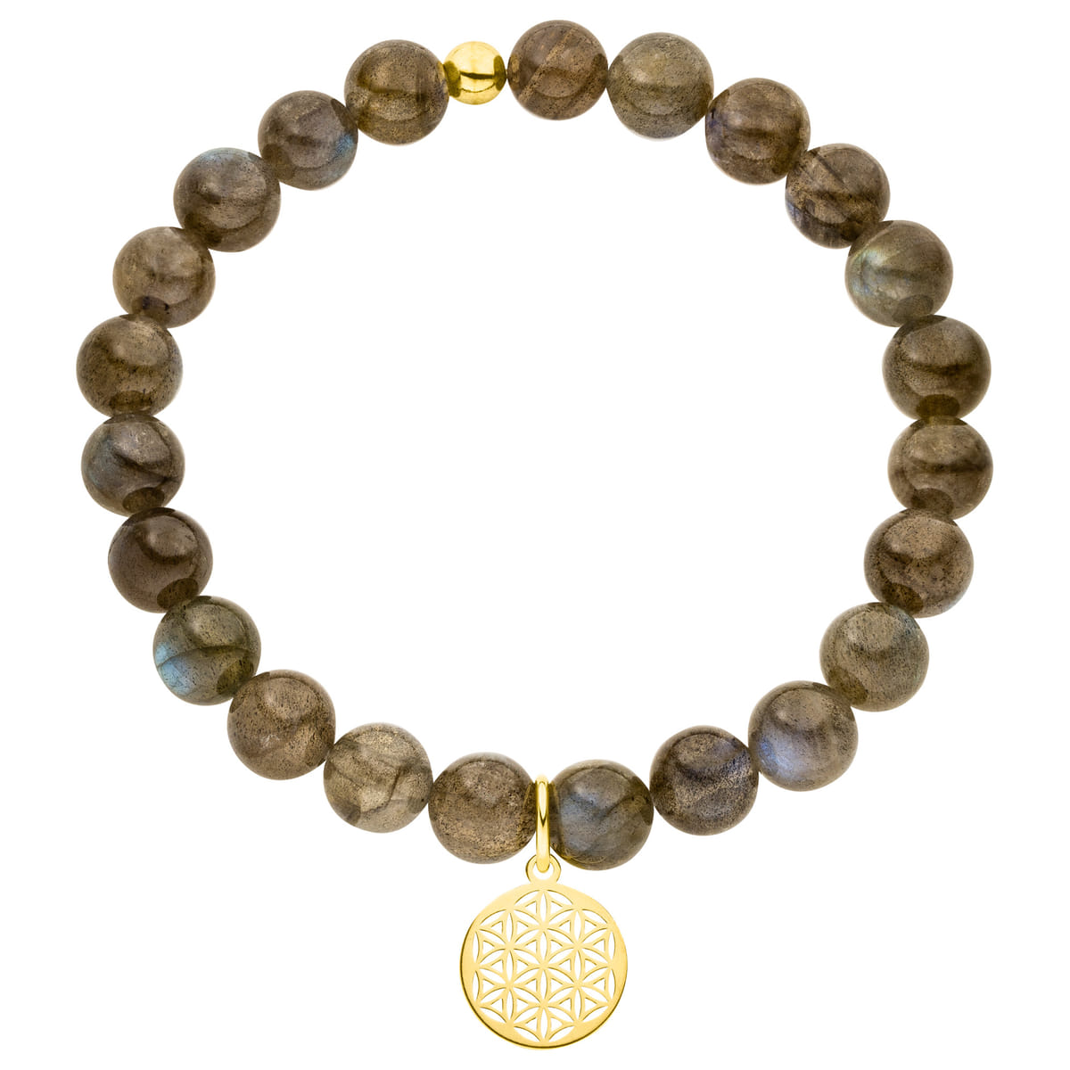 Blume des Lebens Armband Labradorit 925 Silber vergoldet- Naturstein Elastisch
