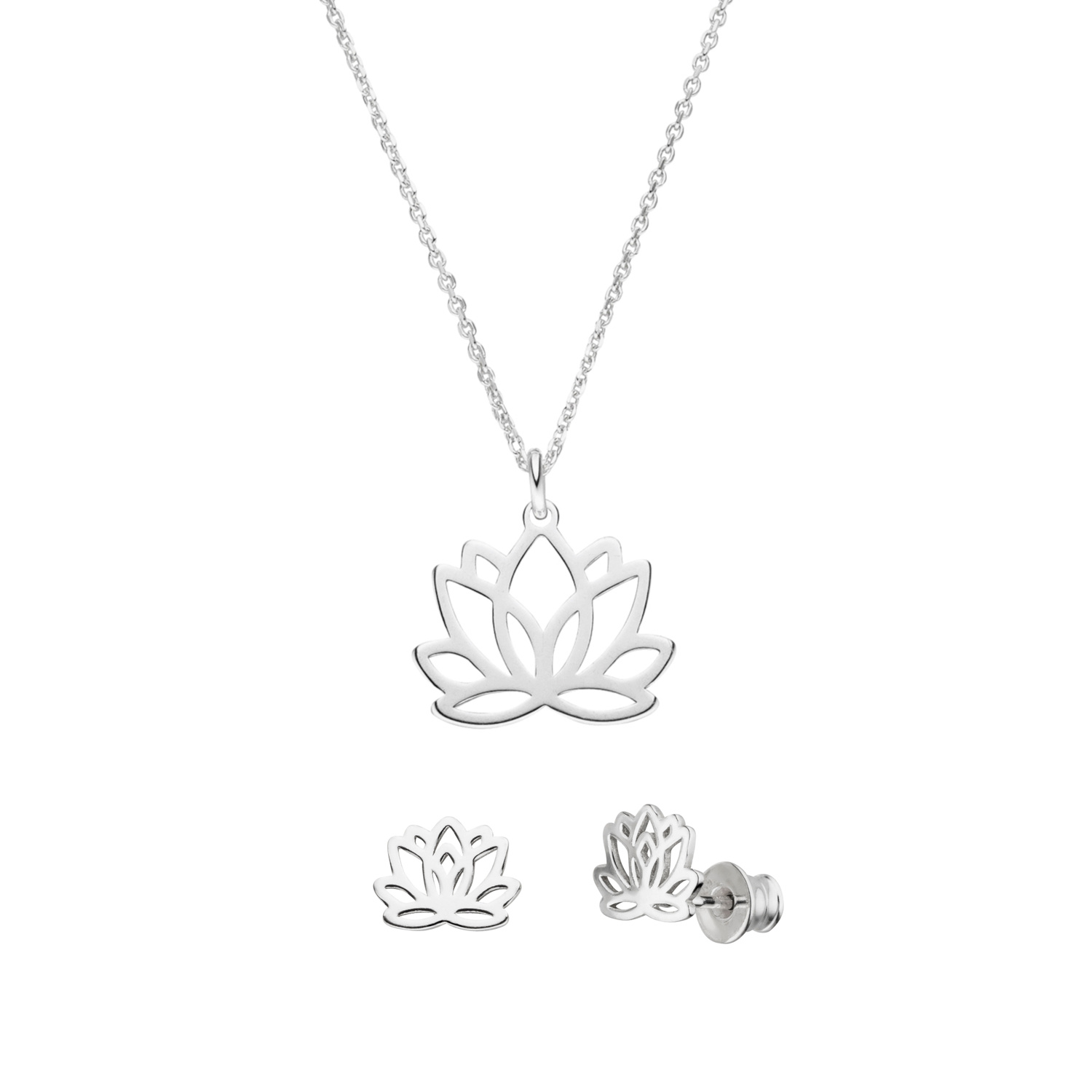 Schmuckset Kette Lotusblume Ohrstecker Lotus Anhänger 925 Silber | Lotosblüte Seerose Schmuck