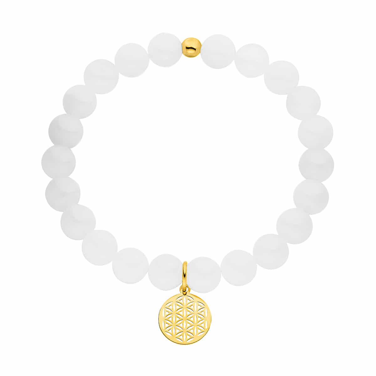Blume des Lebens Armband Jade Weiß 925 Silber vergoldet - Naturstein Elastisch