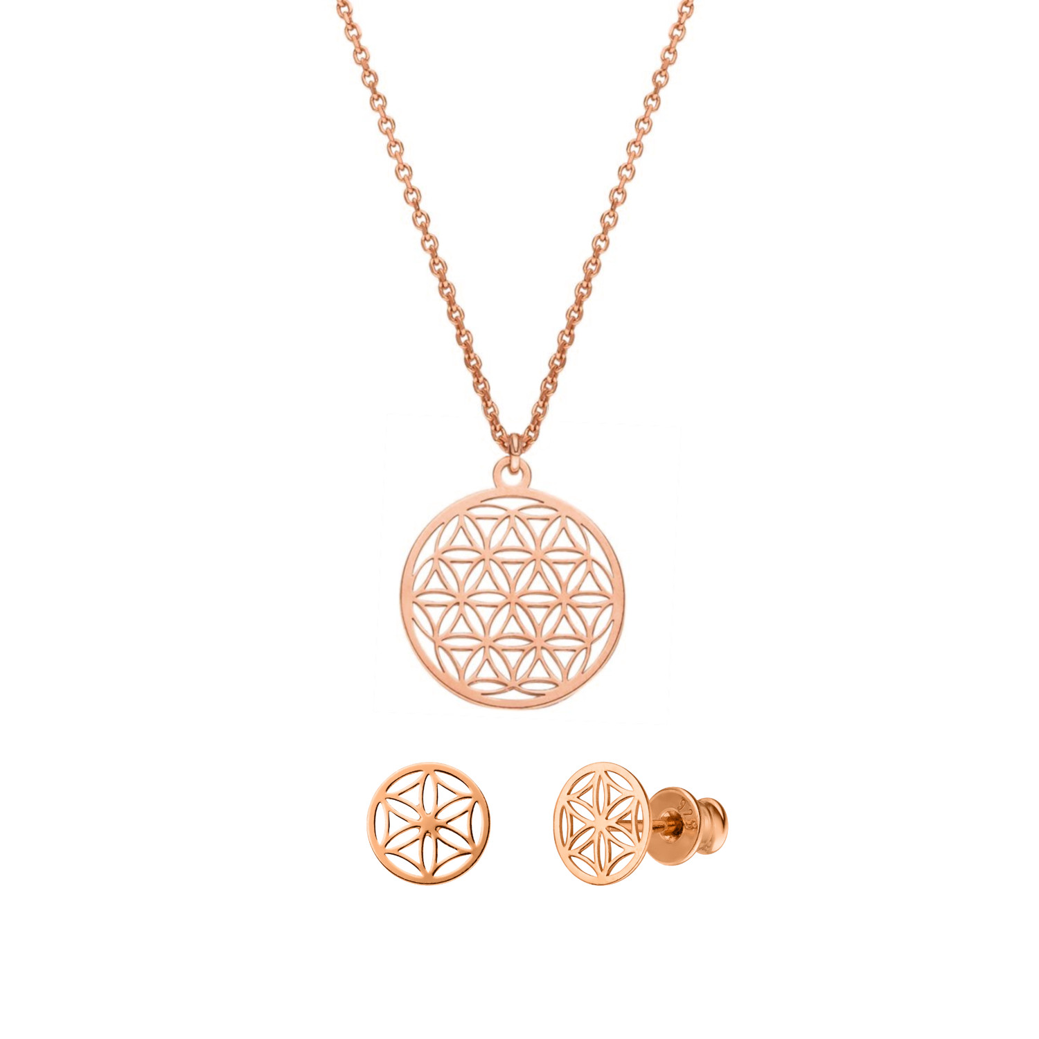 Schmuckset Blume des Lebens Halskette Ohrstecker 925 Silber rosevergoldet | Lebensblume Schmuck Set