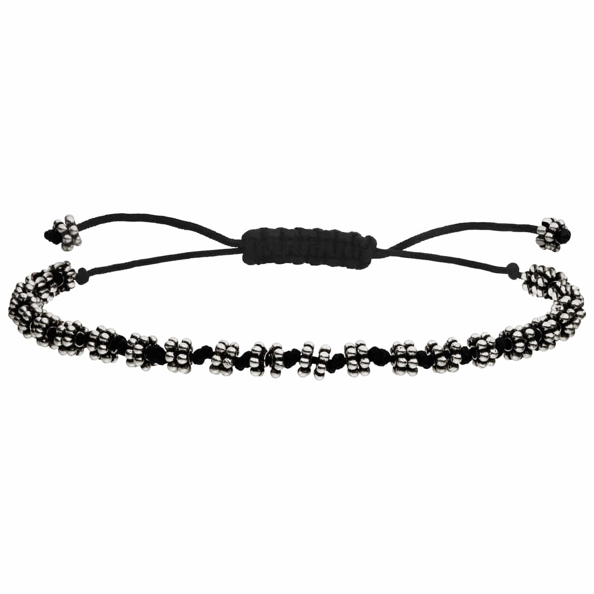 Handgemachtes Schwarzes Textilarmband 925er Silberblumen