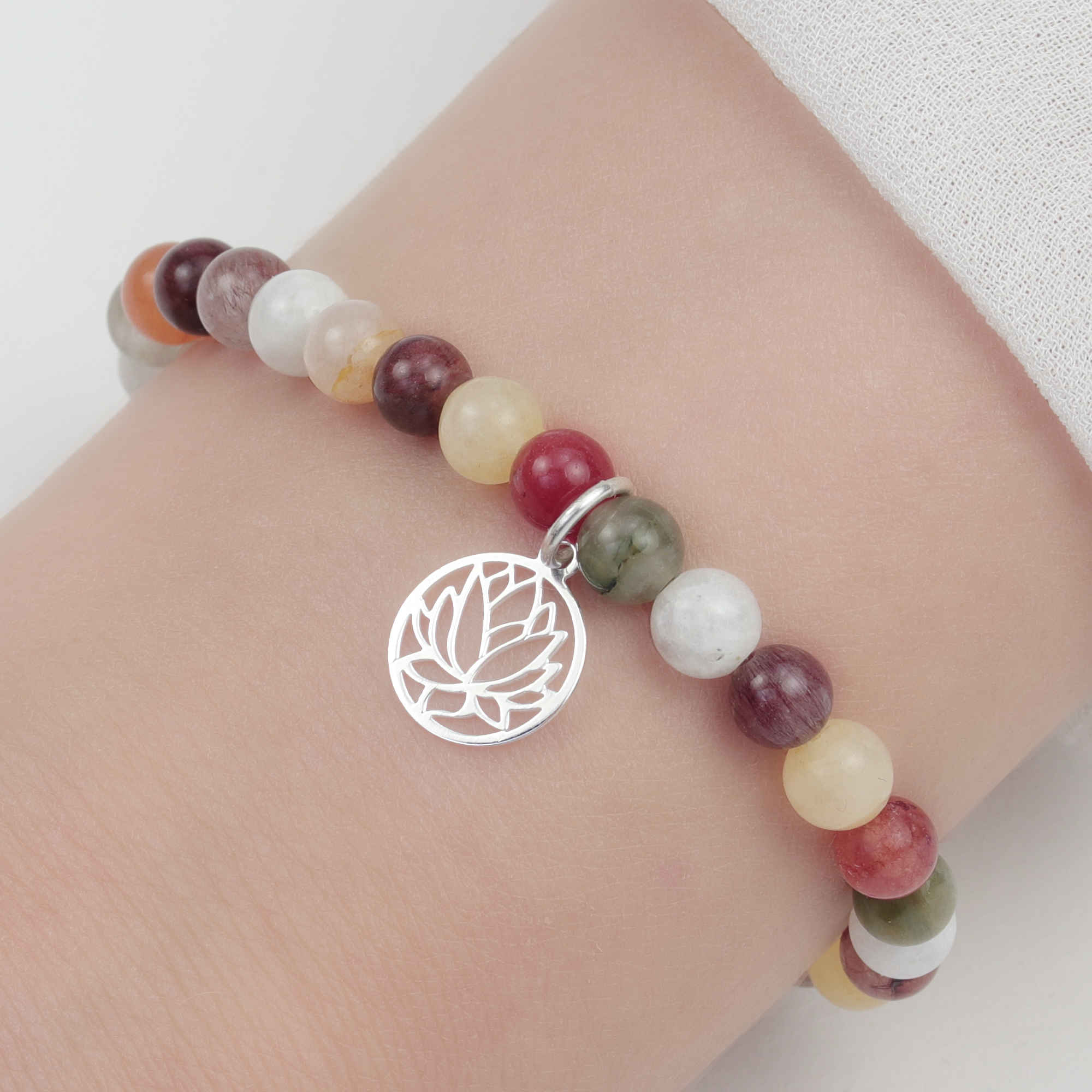 Lotusblume Elastisches Armband 925 Silber – Bergkristall - 6 mm