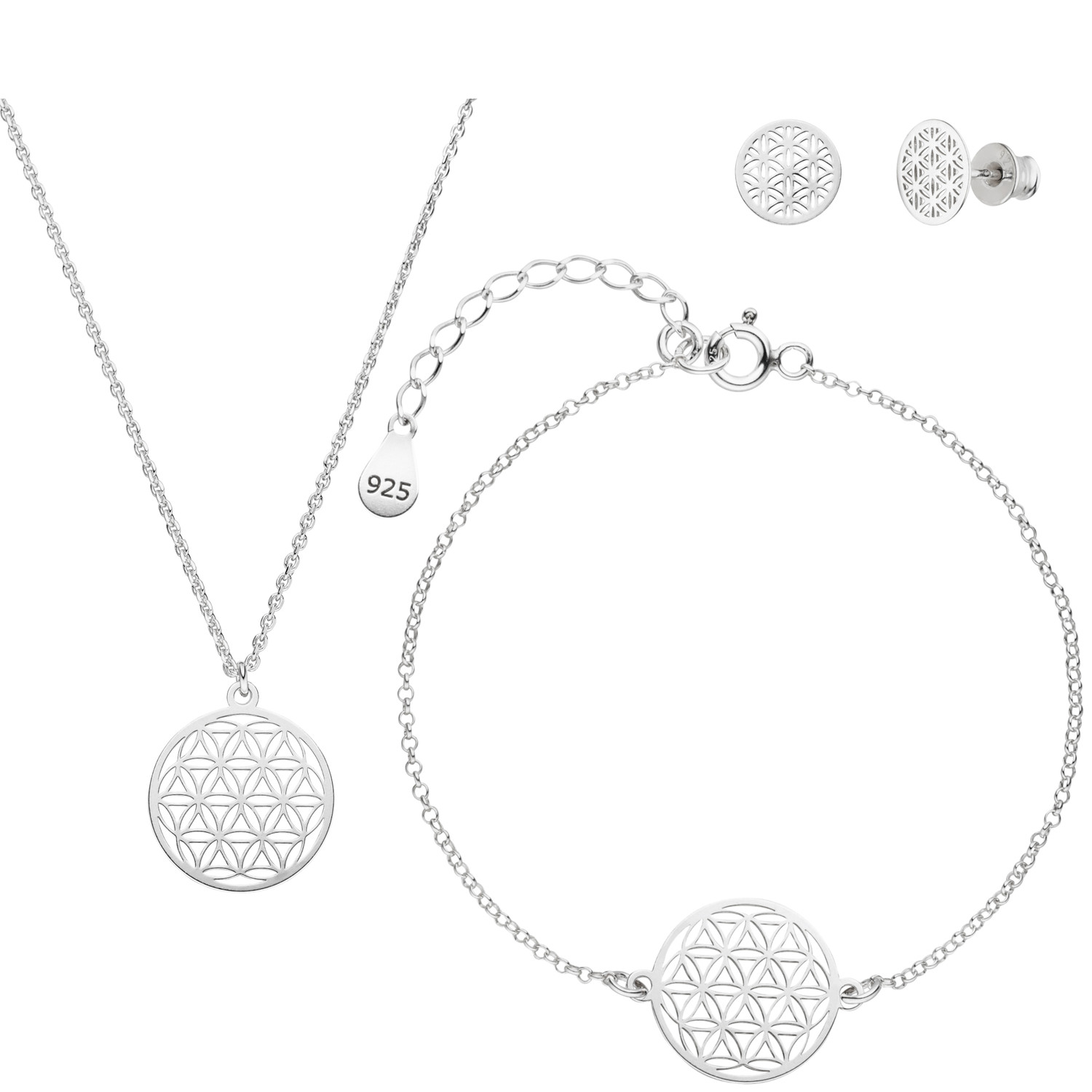 Blume des Lebens Schmuckset Halskette Ohrstecker Armband 925 Silber | Lebensblume Schmuck Set
