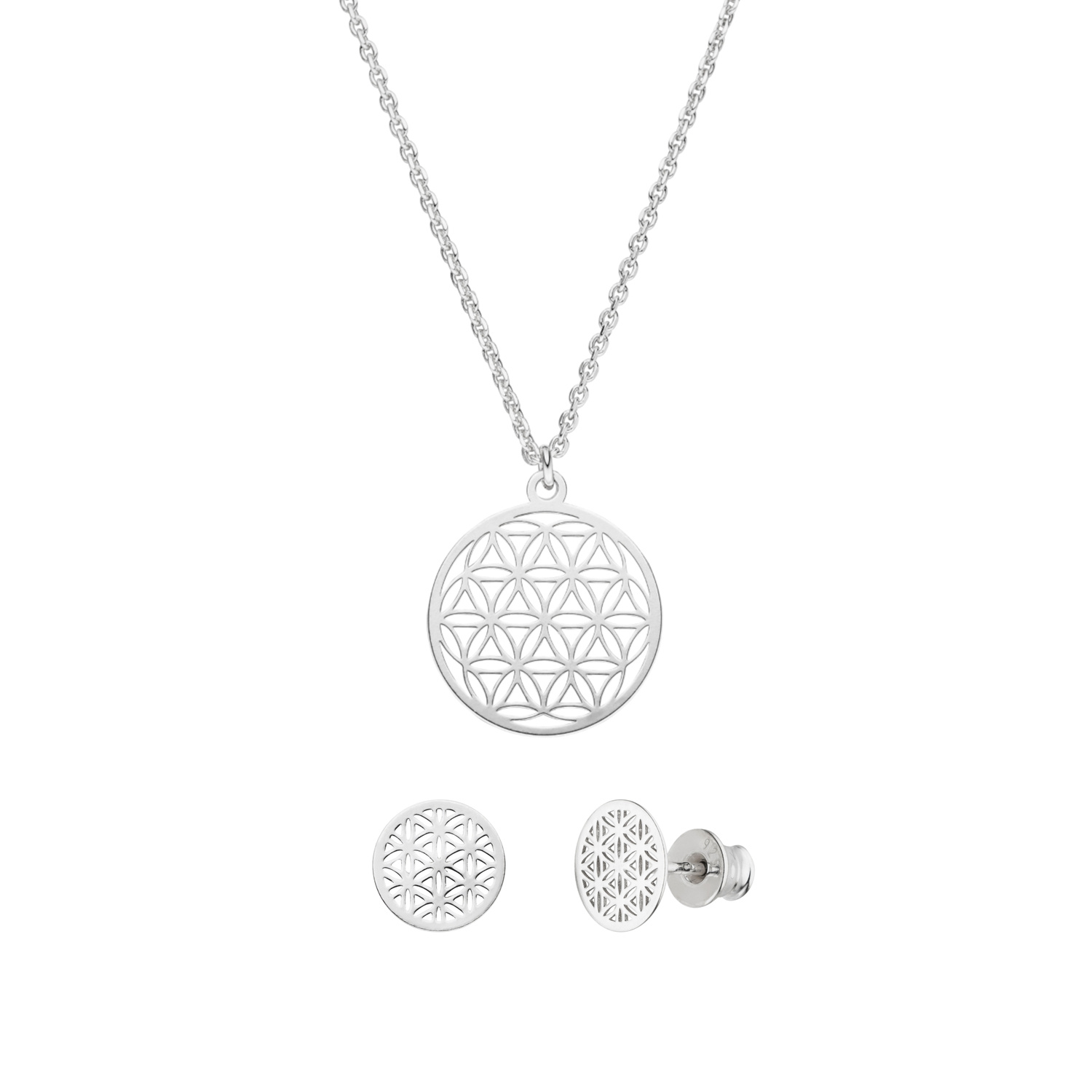 Lebensblume Schmuckset Halskette Ohrstecker 925 Silber | Blume des Lebens Schmuck Set