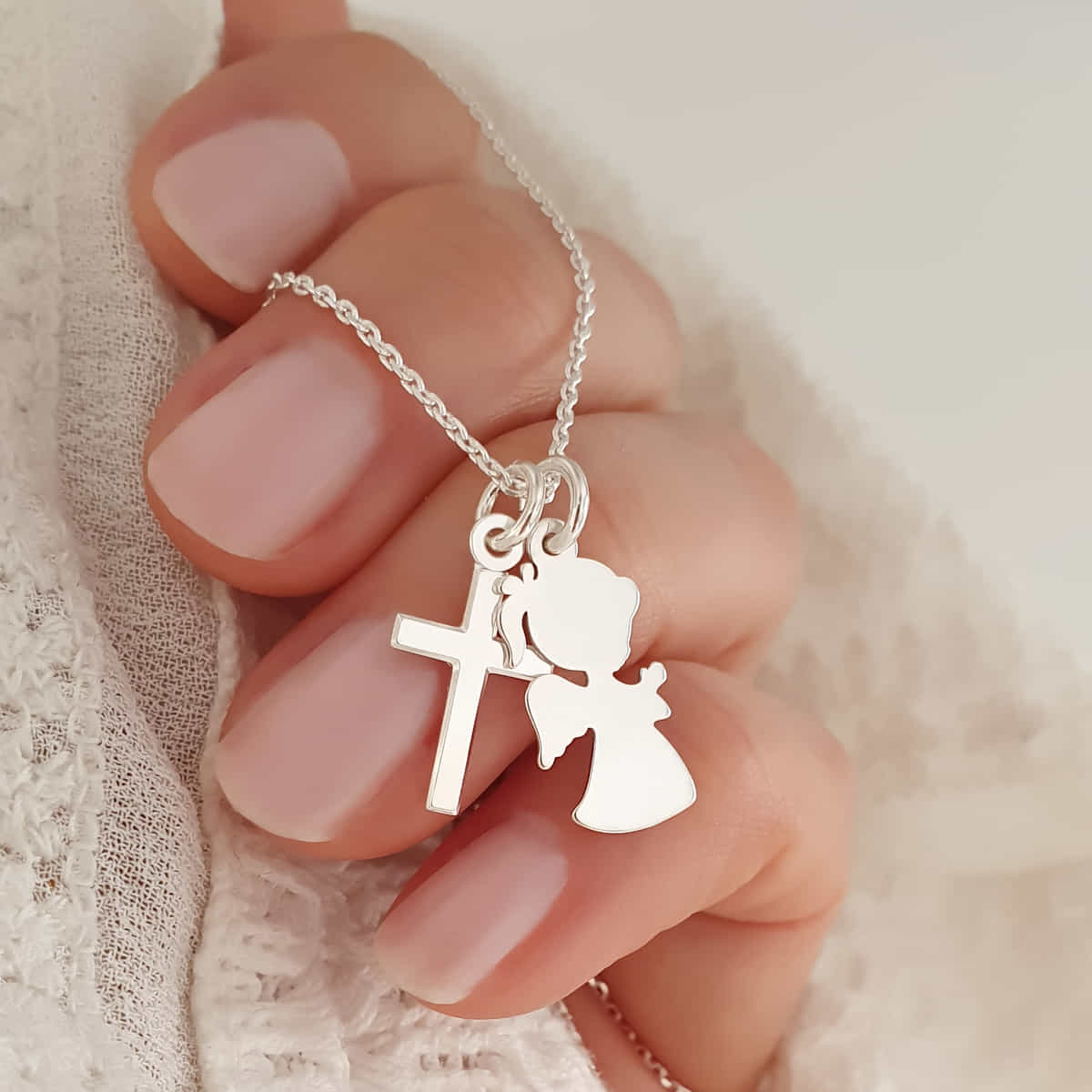 Silberkette mit betendem Engel und Kreuz - 925 Silber