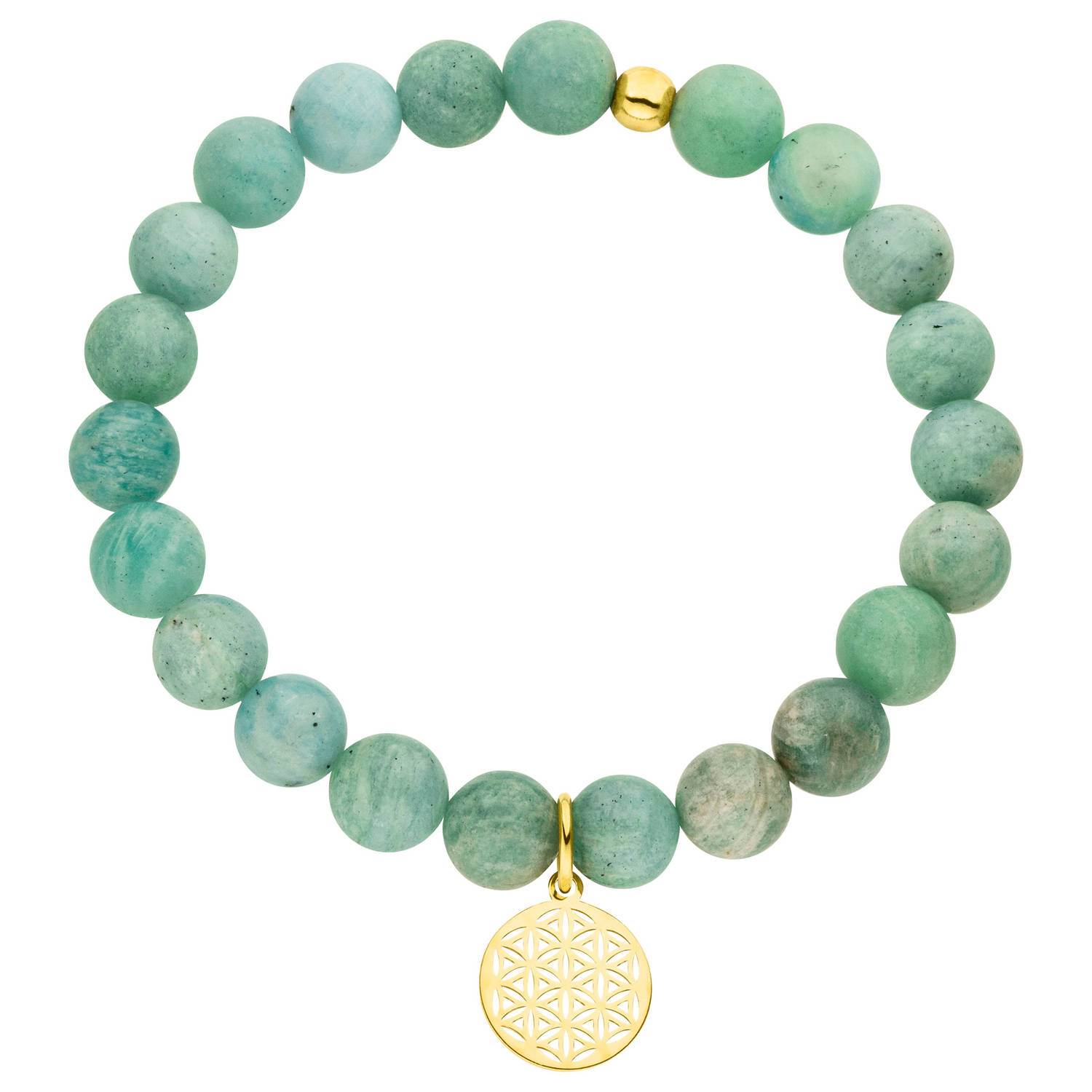 Amazonit Blume des Lebens Armband 925 Silber vergoldet - Naturstein elastisch