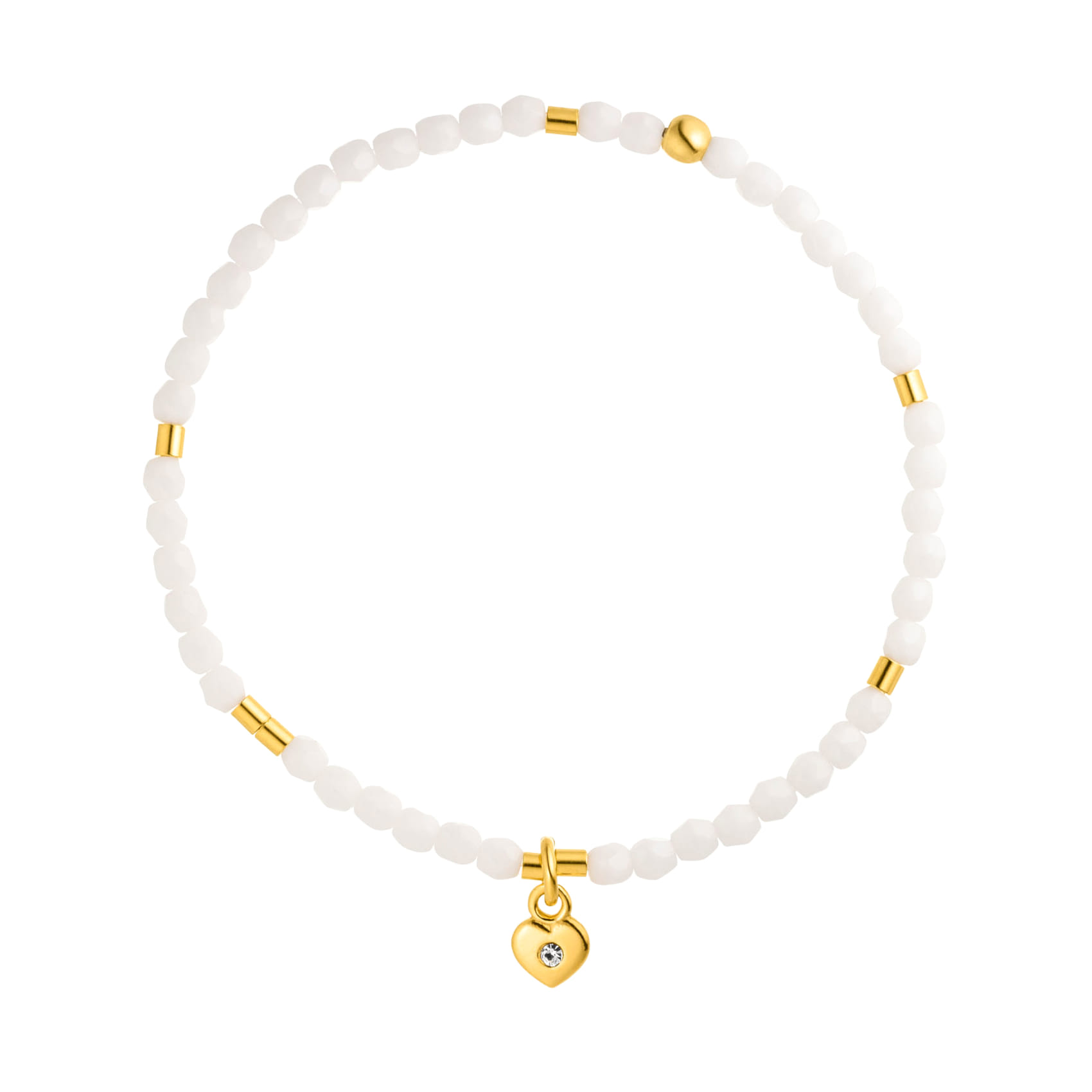 Elastisches Armband Weiße Glasperlen Herz Anhänger mit Zirkonia 925 Silber vergoldet