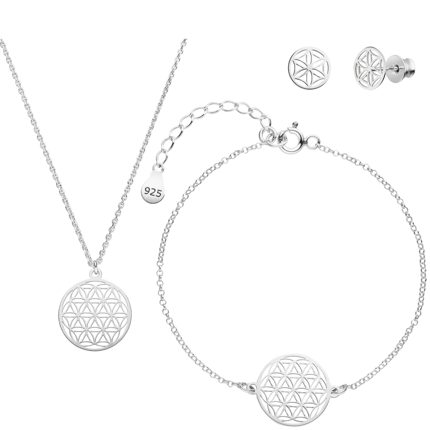 Blume des Lebens Schmuckset Halskette Armband Ohrstecker 925 Silber | Lebensblume Schmuck Set