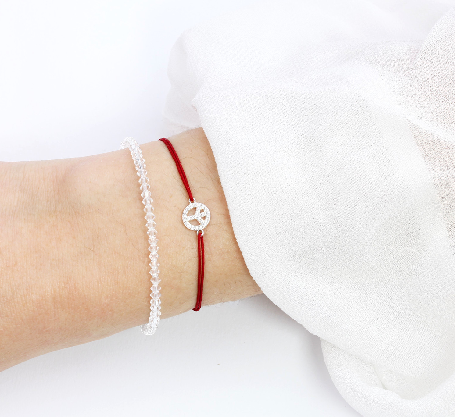 2er Armband Set, Rot-Transparent Peace Symbol 925 Silber