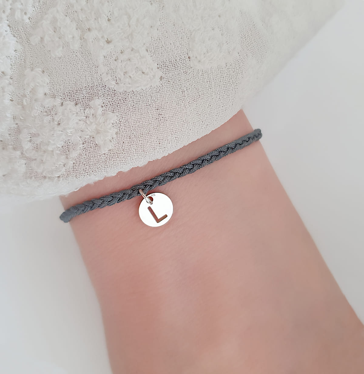 Freundschaftsbändchen L Buchstabe 925 Silber -Dunkelgrau