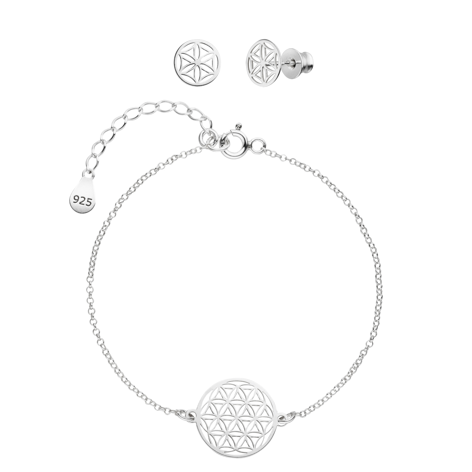 Blume des Lebens Schmuckset Armband Ohrstecker 925 Silber | Lebensblume Schmuck Set