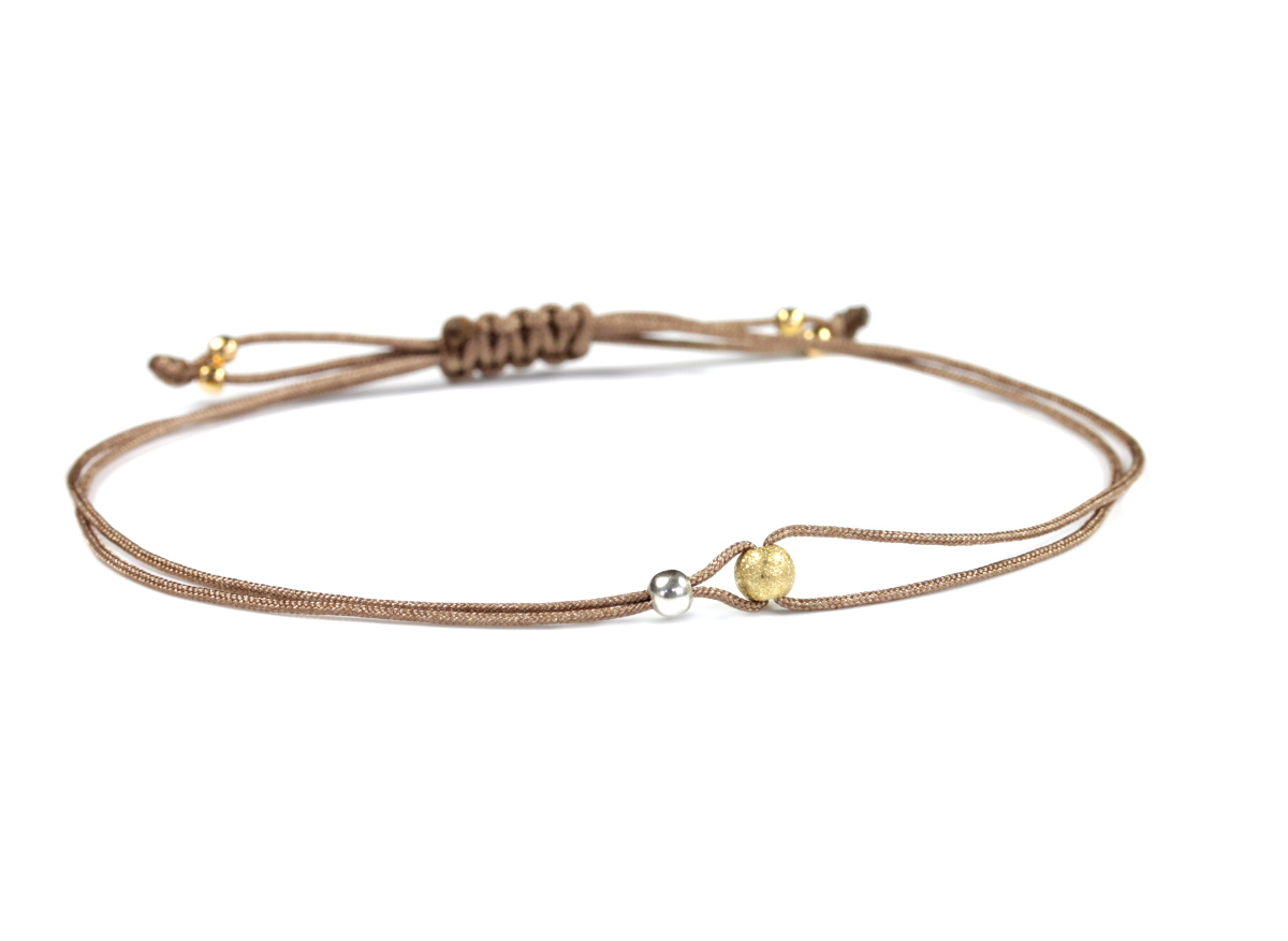 Kügelchen Textilarmband Perle,Taupe-Silber-Gold | Freundschaftsarmband dünn