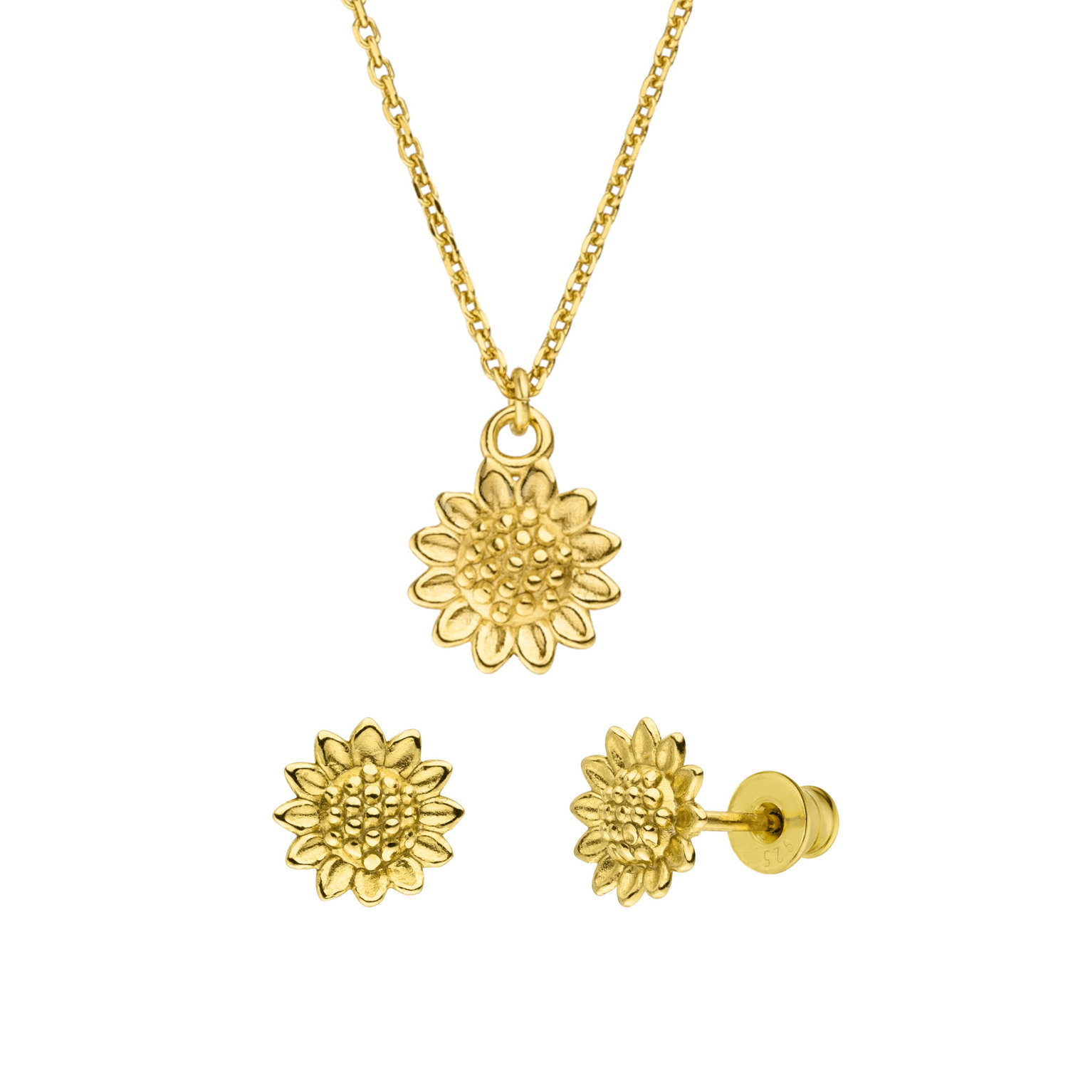 Schmuckset Sonnenblume Kette Anhänger Ohrstecker 925 Silber vergoldet