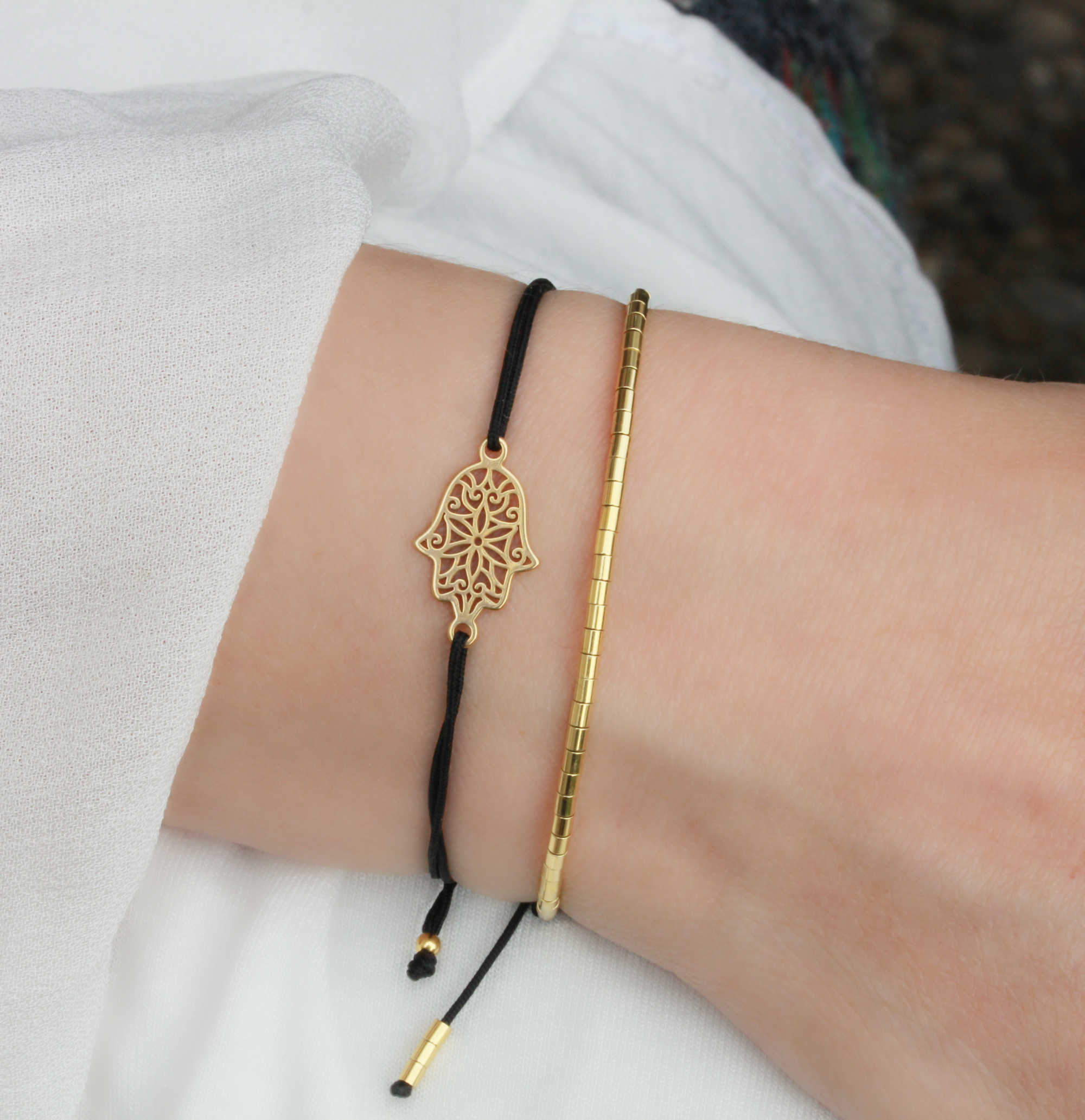 Armband Set Fatimas Hand / Hamsa Tubes 925 Silber vergoldet Schwarz-Gold