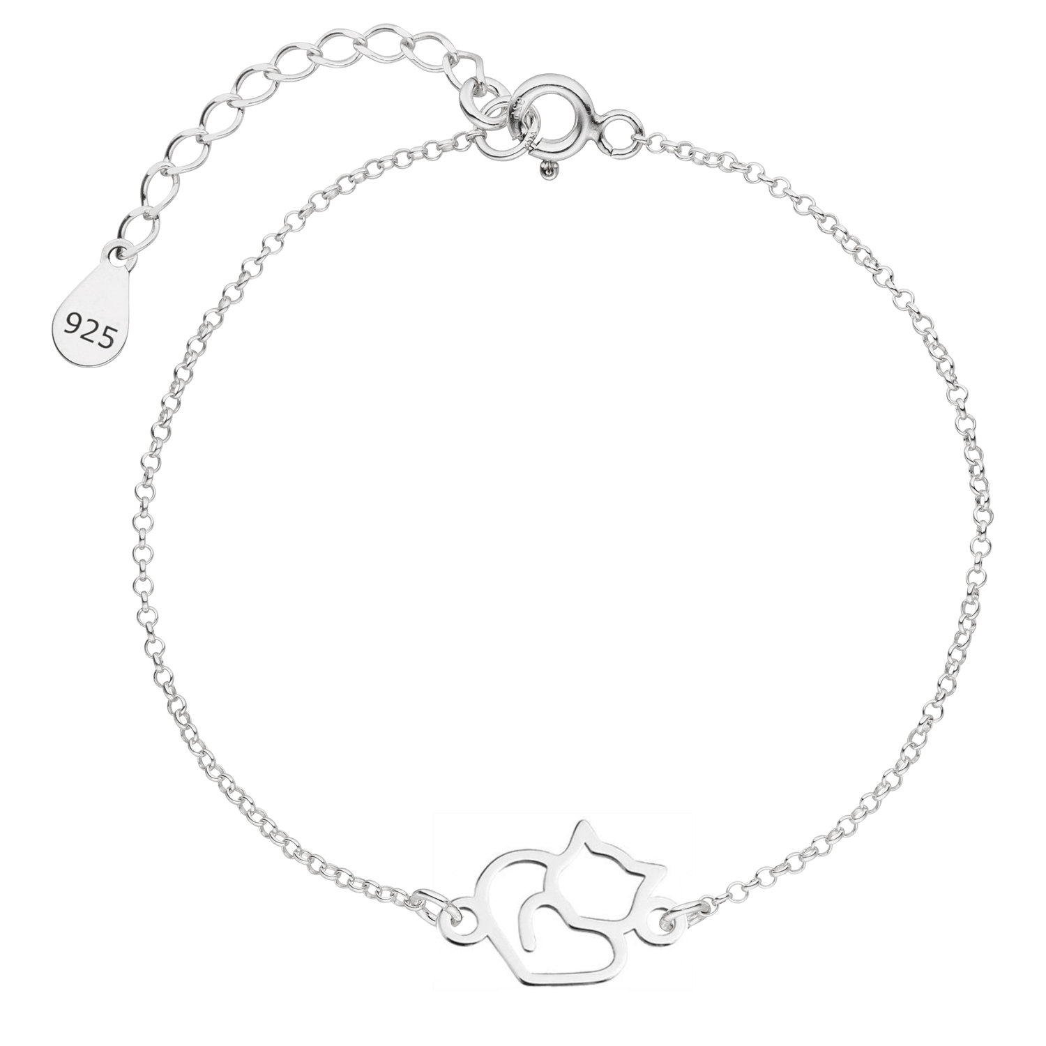 Armkette Katze Herz 925 Silber | Armband Kätzchen Charm Kater Katzenanhänger