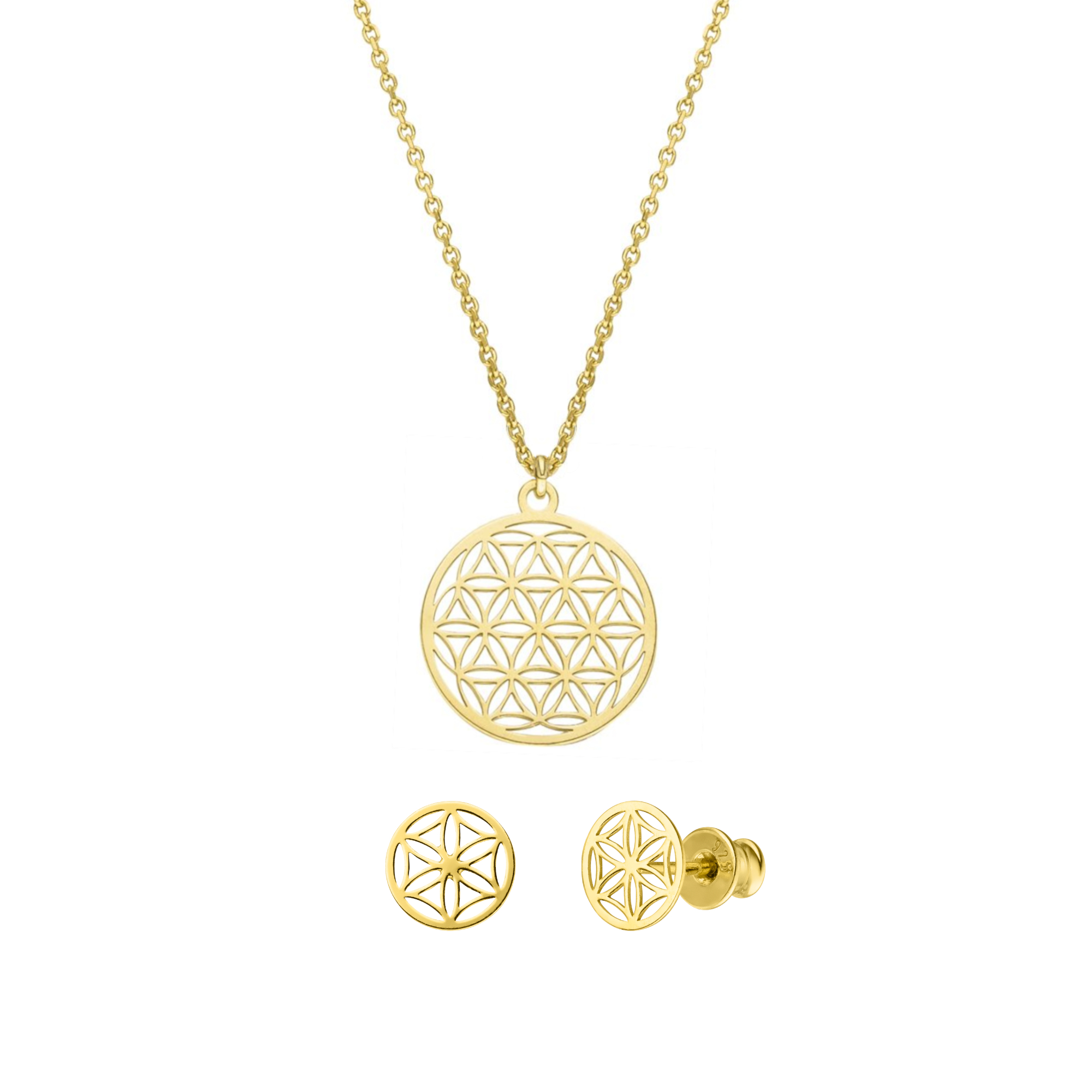 Schmuckset Blume des Lebens Halskette Ohrstecker 925 Silber vergoldet | Lebensblume Schmuck Set